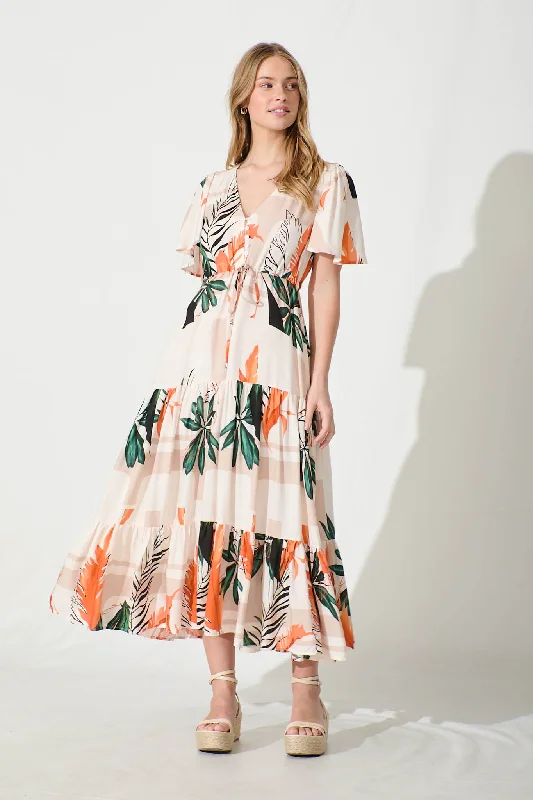 Save More Than Ever!Elina Midi Dress in Cream with Green and Orange Leaf