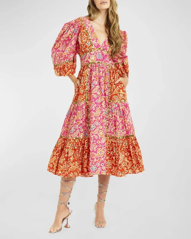 Buy One, Get One Free!Elise Puff Sleeves Midi Dress In Alessandra Pink Print