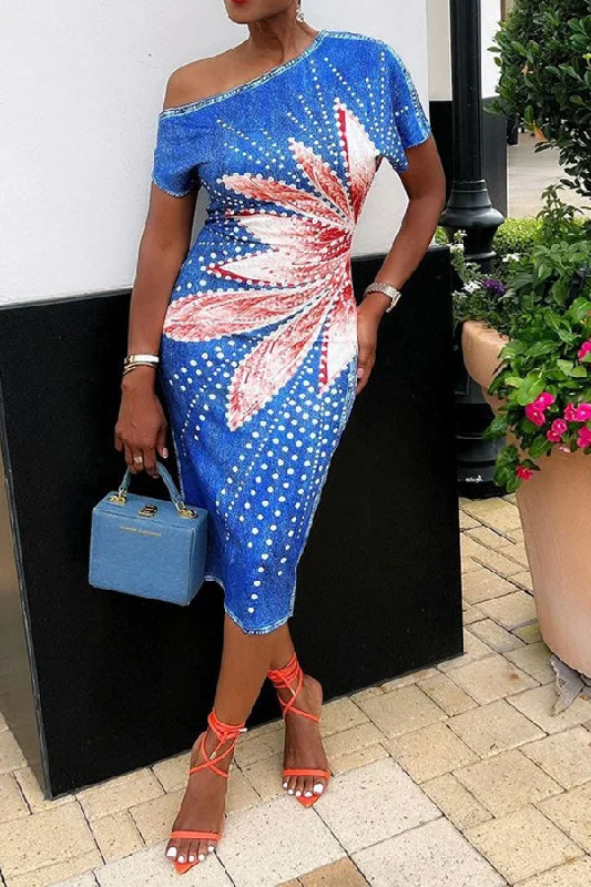 Shop Today, Save Tomorrow!Floral Print Cute Bodycon Slash Neck Midi Dress