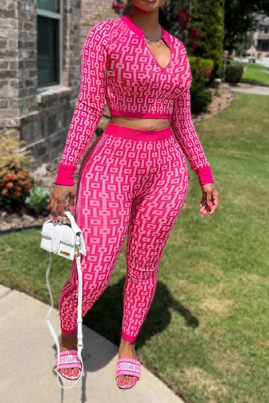Seasonal Sale – Shop Now!Geometric Print Casual Bodycon Knitted Pant Suit