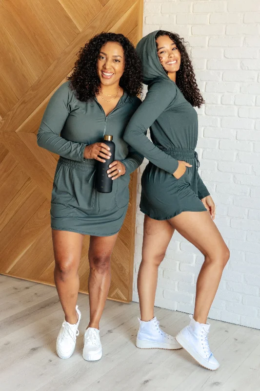 Bigger Savings, Better Shopping!Getting Out Long Sleeve Hoodie Romper in Smoked Spruce