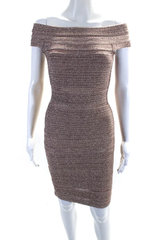 New Discounts Just Dropped!Herve Leger Womens Off Shoulder Metallic Bodycon Pencil Dress Pink