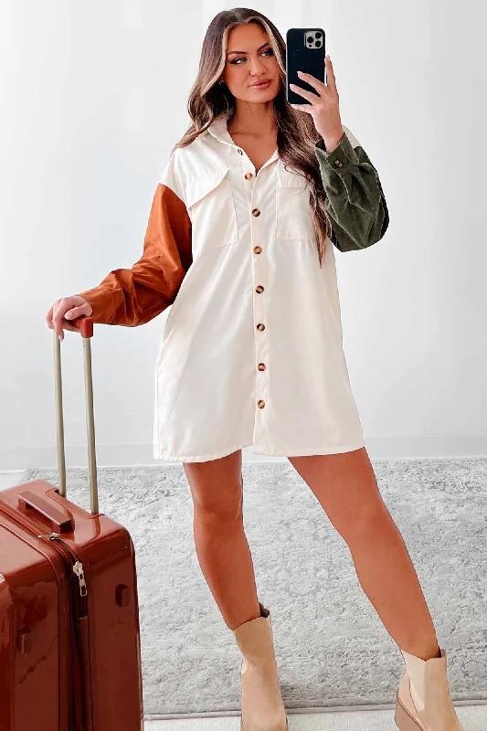 Everything Must Go!Hope You Know Colorblock Corduroy Shirt Dress (Cream)