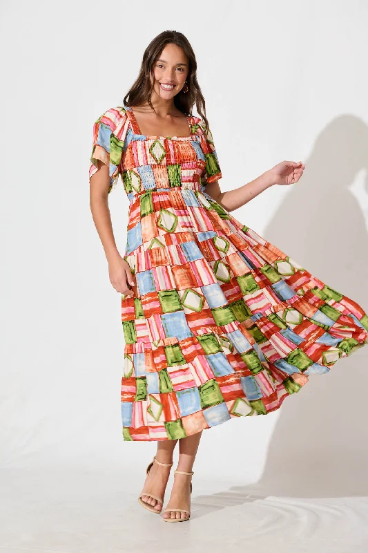 Your Best Deals Are Here!Jessica Midi Dress in Rust Multi Squares Print