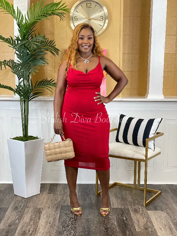 Massive Price Cuts!Kinley Cowl Neck Midi Dress (Red)