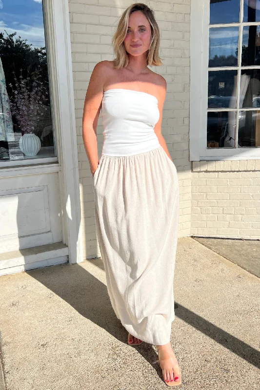 The Sale You’ve Been Waiting For!Linen Luxe Strapless Drop Waist Maxi Dress