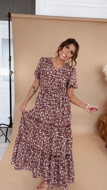 Limited-Time Price Drop!ECB Exclusive: Many Moments Floral Maxi Dress, Wine