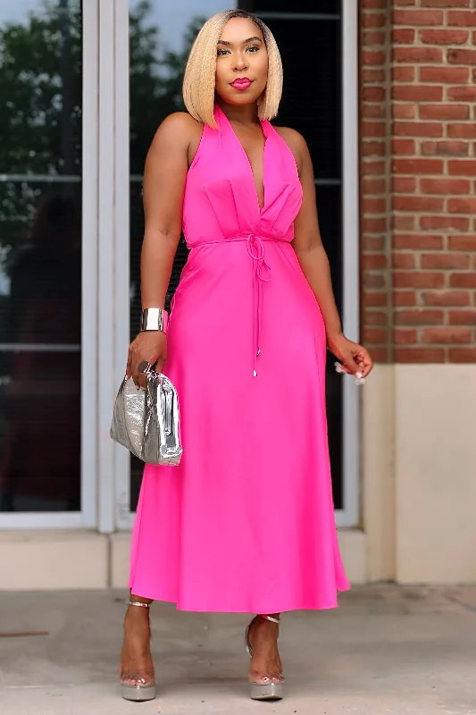 Amazing Prices You Can’t Resist!Marilyn Sultry Halter Maxi Dress-Neon Pink