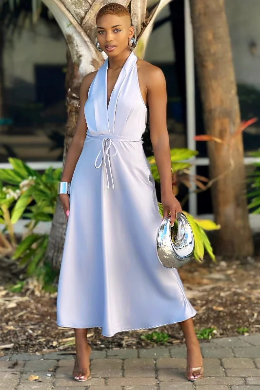 Don’t Wait – Shop Today!Marilyn Sultry Halter Maxi Dress-Silver Gray