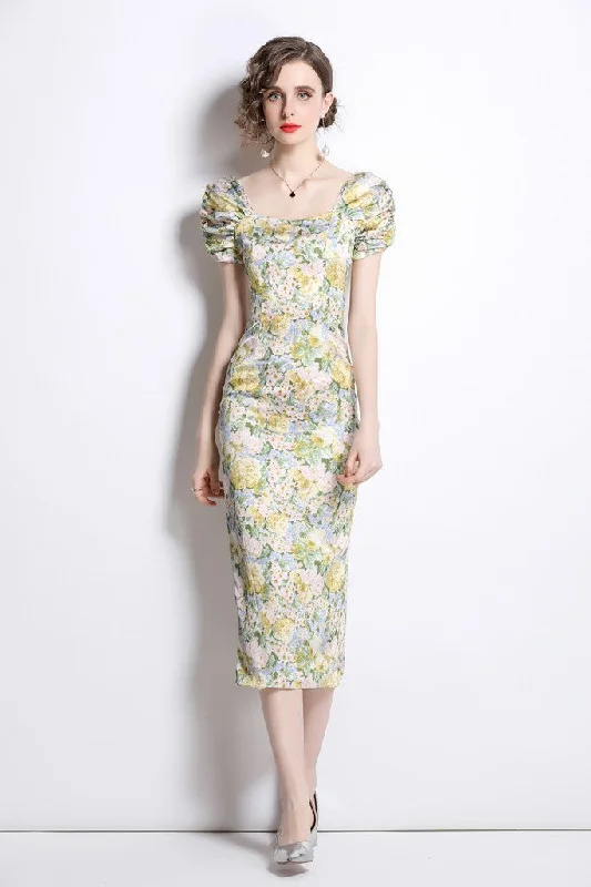 Grab Yours Before It’s Too Late!Multicolor Day Bodycon Squareneck Short Sleeve Maxi Dress