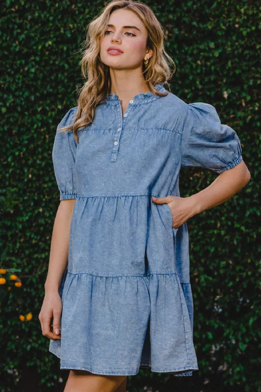 Buy More, Save More!ODDI Washed Tiered Mini Denim Dress