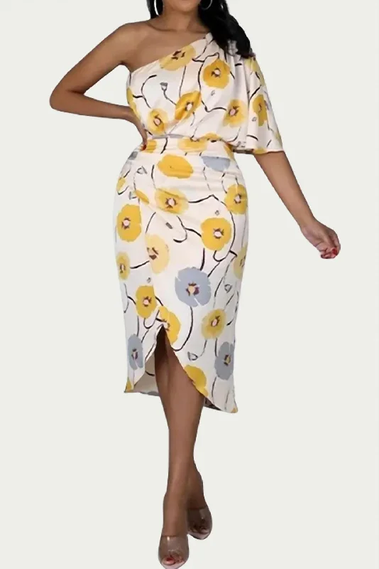 Exclusive Savings This Week!One-Shoulder Ruched Floral-Print Midi Dress In Yellow