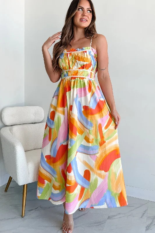 Everything Must Go!Passionate Response Printed Maxi Dress (White/Blue/Yellow)