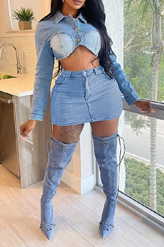 Your Exclusive Offer Awaits!Patchwork Denim Hot Bodycon Skirt Suit