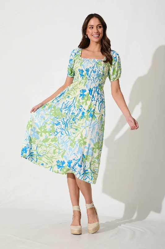 Hottest Discounts of the Year!Perry Midi Dress In Blue With Green Print