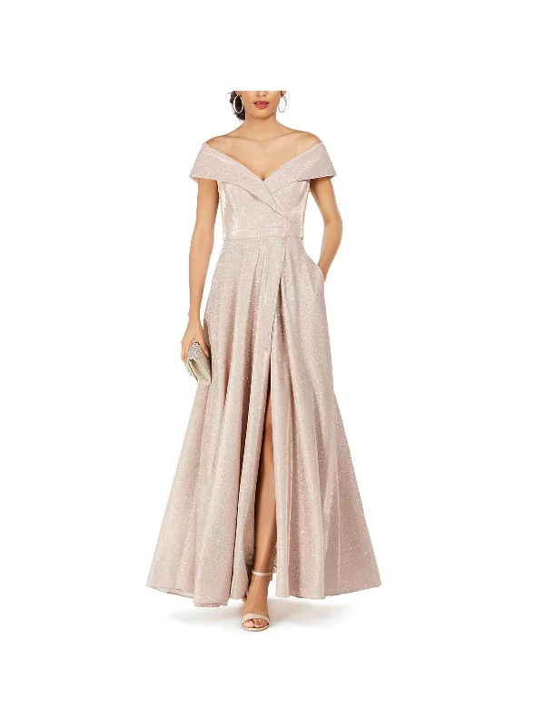 Limited-Time Price Drop!Petites Womens Off-The-Shoulder Glitter Evening Dress