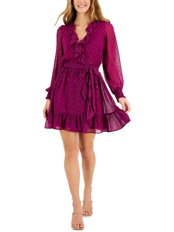 Only a Few Left – Order Now!Petites Womens Ruffled Mini Fit & Flare Dress