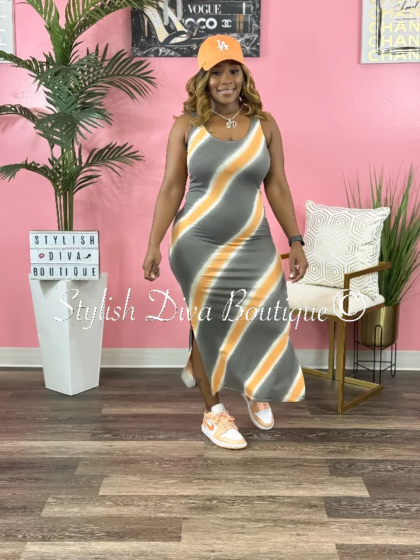 Shop Early, Save Big!Phoebe Striped Sleeveless Midi Dress (Charcoal/Orange)