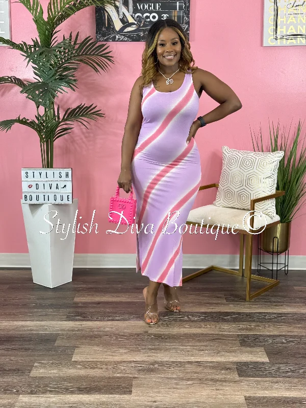 Every Deal is a Steal!Phoebe Striped Sleeveless Midi Dress (Lavender/Pink)