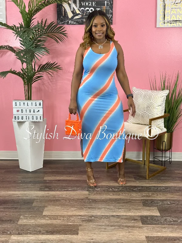Incredible Savings Inside!Phoebe Striped Sleeveless Midi Dress (Sky Blue/Coral)