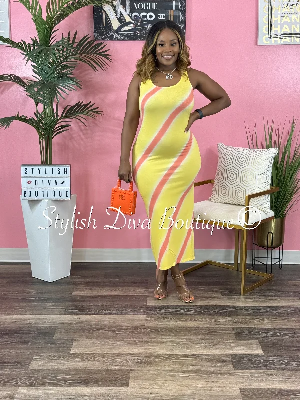More Discounts, More Joy!Phoebe Striped Sleeveless Midi Dress (Yellow/Coral)