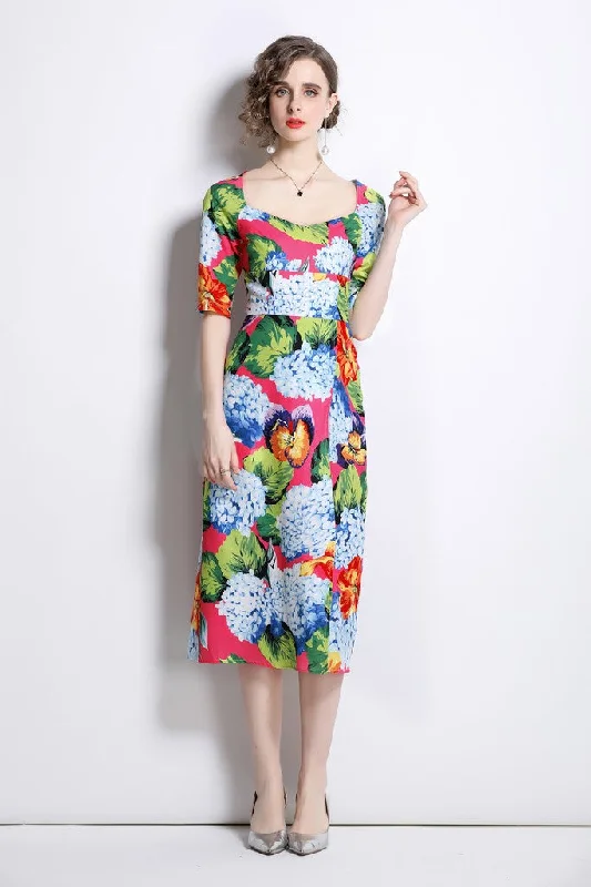 Limited-Time Price Drop!Pink & Multicolor Print Day A-line Squareneck Short Sleeve Midi Dress