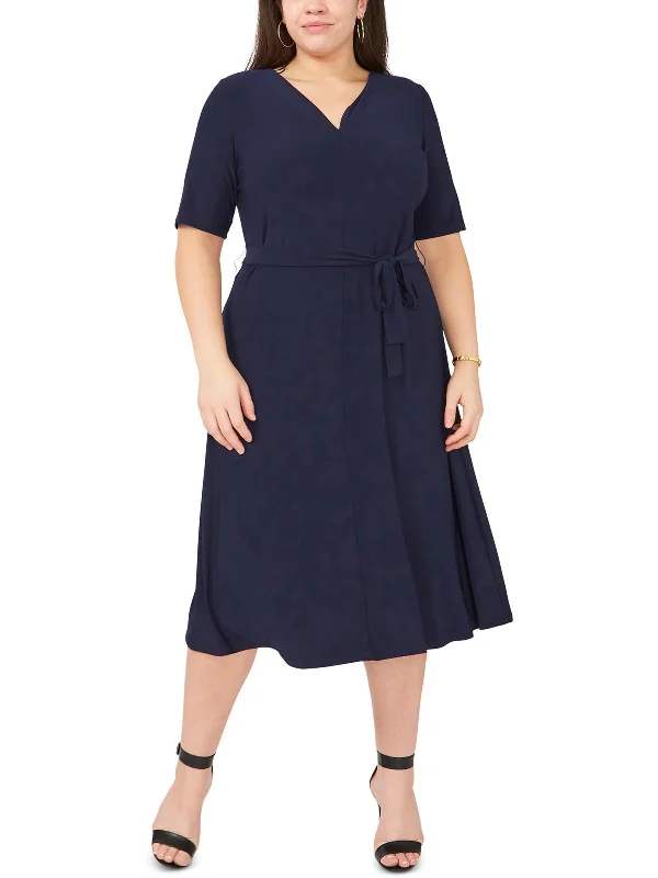 Seasonal Sale – Shop Now!Plus Womens Belted Mid Calf Midi Dress