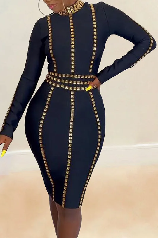 New Discounts Just Dropped!Rhinestone Patchwork Simple Bodycon Midi Dress