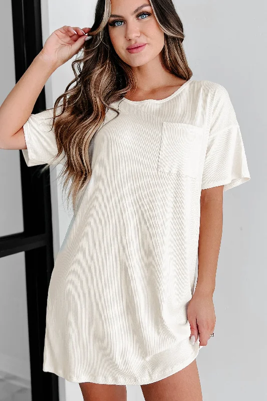 Crazy Discounts Inside!Ribbed T-Shirt Dress (Ecru Cream)