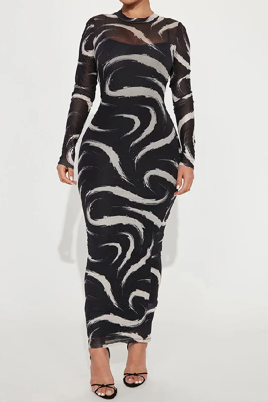 Get It Before It’s Gone!Ripple Print Simple Bodycon Midi Dress With Inner Layer