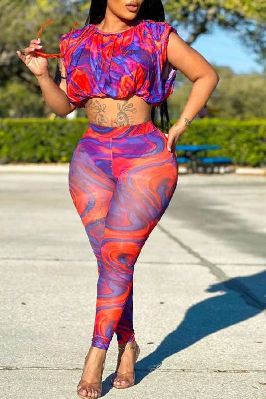 The Best Sale of the Year!Ripple Print Urban See-Through Bodycon Pant Suit