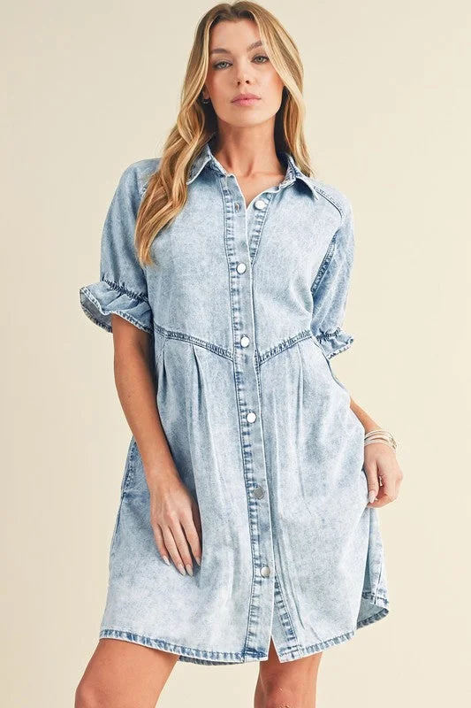 Hurry, Sale Ends Soon!Ruffled Short Sleeve Buttoned Denim Dress