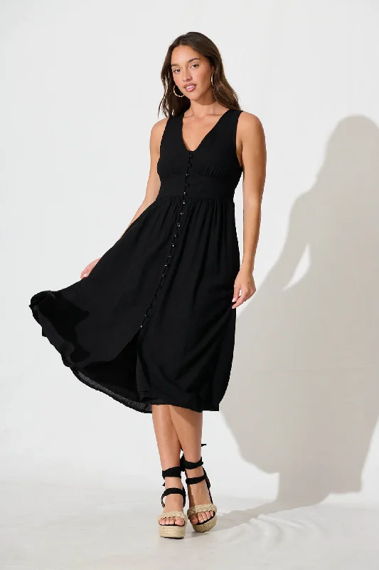 Save More with Every Purchase!Ryland Midi Dress in Black Linen Cotton