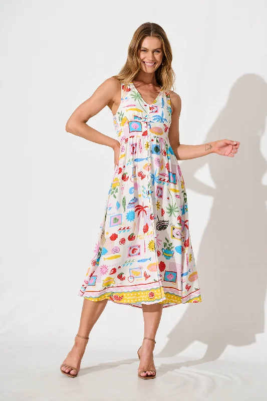 Exclusive Offers You’ll Love!Ryland Midi Dress in White with Multi Conversational Print