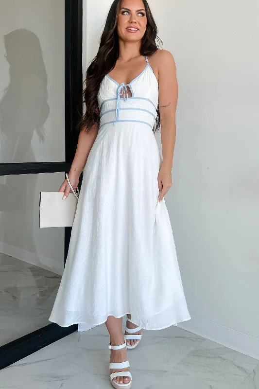 Save Like Never Before!Seaside Symphony Halter Midi Dress (White/Blue)