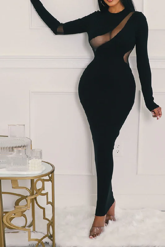 Massive Price Cuts!Sheer Mesh Patchwork Simple Bodycon Maxi Dress