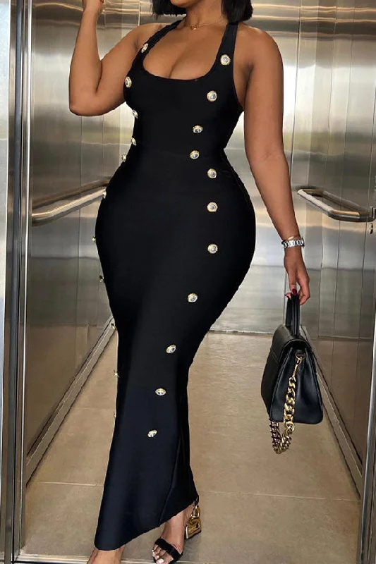 One Click Away from Big Savings!Solid Color Button Decor Flattering Bodycon Midi Dress
