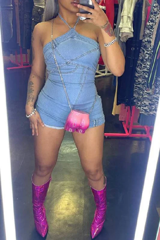 Enjoy Huge Discounts Now!Solid Color Halter Collar Flattering Bodycon Denim Romper