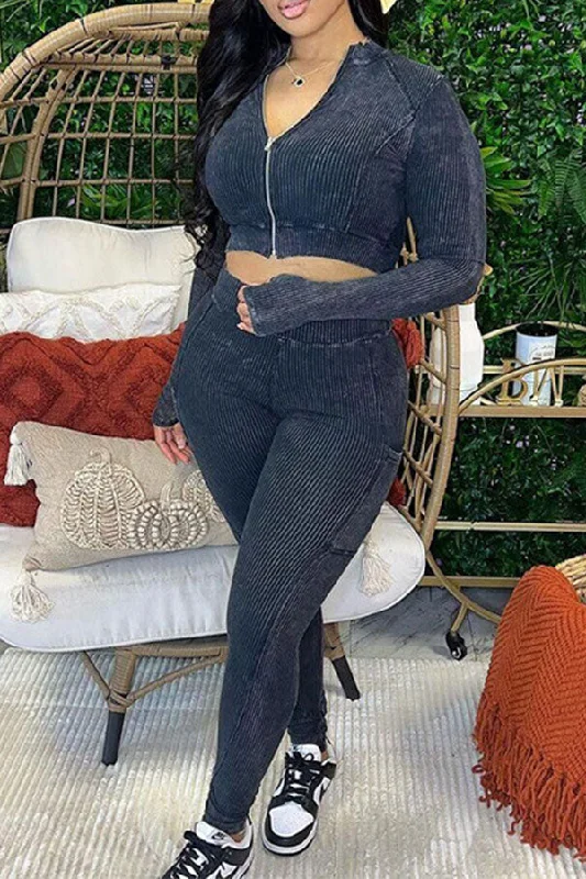 Crazy Discounts Inside!Solid Color Ribbed Sporty Bodycon Pant Suit