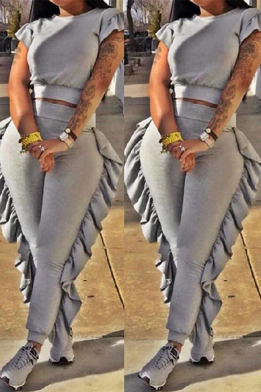 Exclusive Deals Just for You!Solid Color Ruffle Cute Bodycon Pant Suit