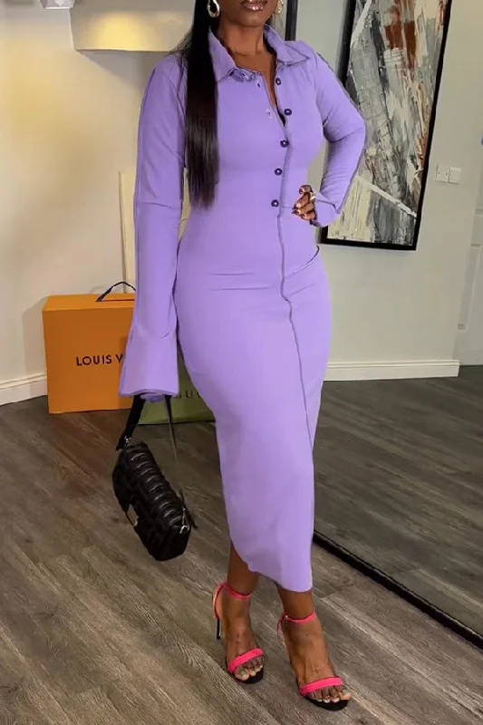 Only a Few Left – Order Now!Solid Color Shirt Collar Casual Button Bodycon Midi Dress