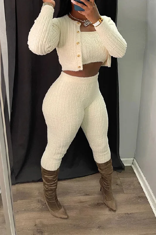 Limited Edition, Limited Price!Solid Color Simple Bodycon Knitted Pant Suit (Three Pieces)