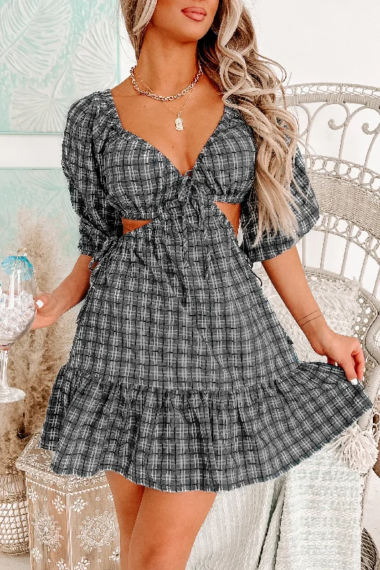 Find the Best Deals Here!Sweet Sentiments Plaid Print Cut-Out Dress (Blue Grey)