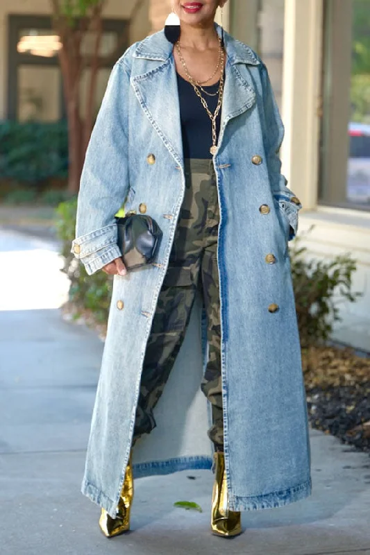 Flash Sale – Act Fast!Washed Denim Feminine Double Breasted Trench Coat