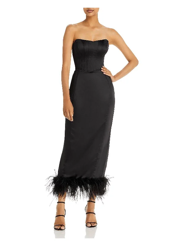 Limited-Time Price Drop!Womens Faux Feather Trim Midi Cocktail and Party Dress