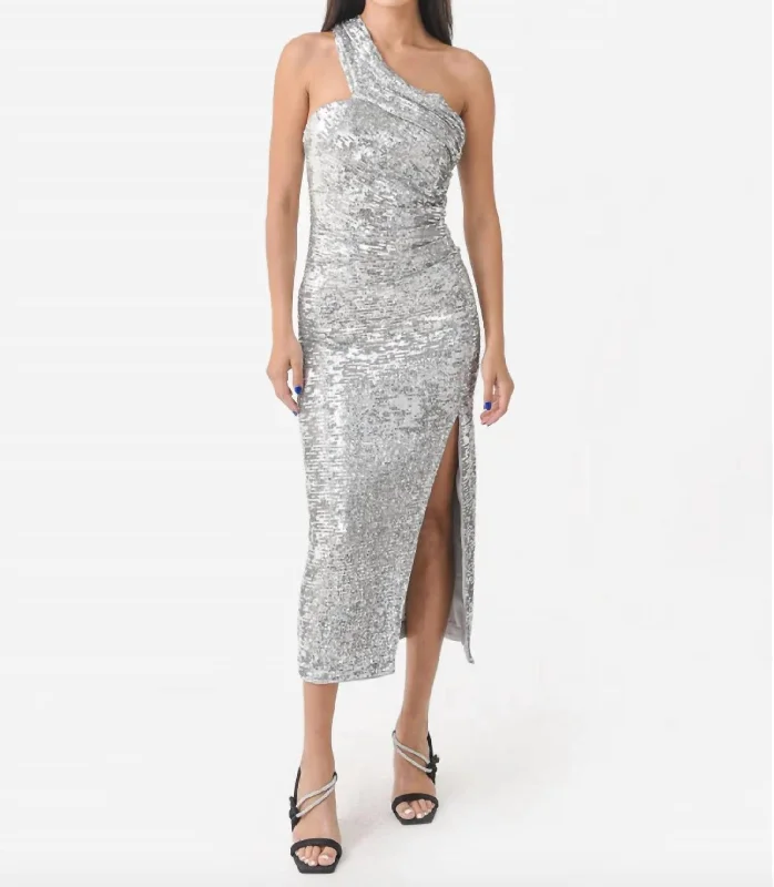 The Best Offers Are Here!Zay Sequin Draped Bustier Midi Dress In Silver