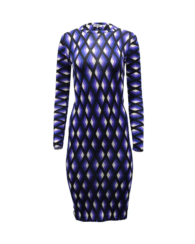 Score Huge Discounts Today!Diane Von Furstenberg Waist Tie Bodycon Midi Dress in Blue Print Merino Wool