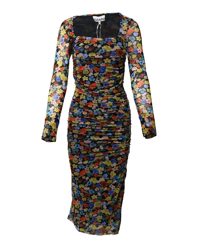 Don’t Wait – Deals Won’t Last!Ganni Ruched Bodycon Midi Dress in Floral Print Mesh Silk