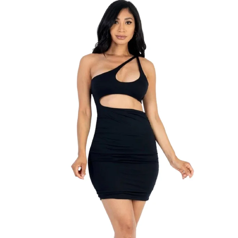 Grab Yours Before It’s Too Late!One Shoulder Cut-out Front Ruched Bodycon Mini Dress