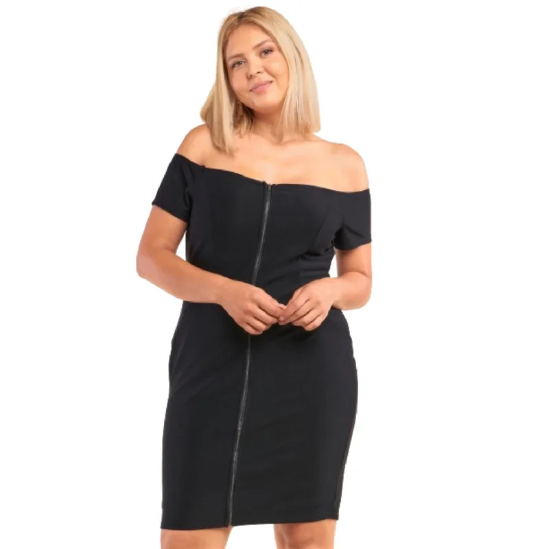 Hurry, Sale Ends Soon!Plus Size Fitted Off-the-shoulder Front Zipper Bodycon Mini Dress